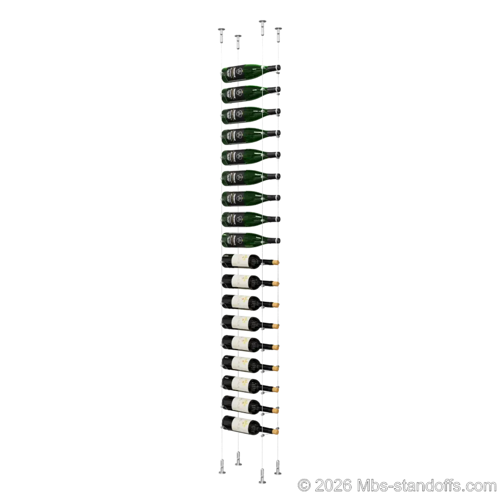 Cabernet - Chinon Collection Bottle Display Cable Kit, 18-Bottle Capacity, Floating Adjustable-Angle Stainless Steel Cable System, Cable: 1/16″ Diameter, 13′-1″ Length with Satin Brushed Hanger