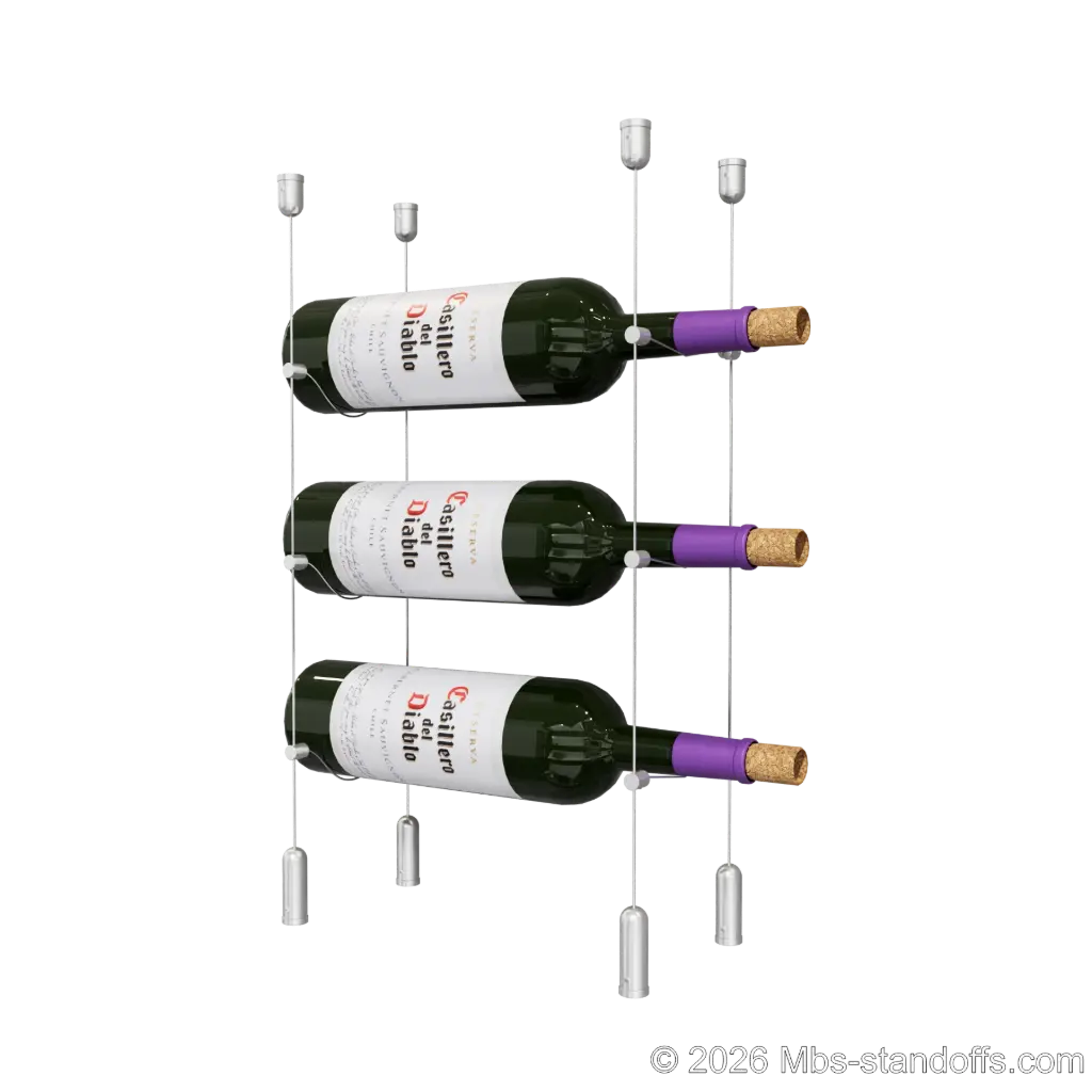 Cabernet - Saumur Collection Bottle Display Cable Kit, 3-Bottle Capacity, Floating Aluminum Cable System, Cable: 1/16″ Diameter, 13′-1″ Length with Clear Anodized Hanger