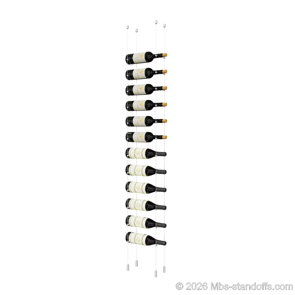Cabernet - Saumur Collection Bottle Display Cable Kit, 12-Bottle Capacity, Floating Aluminum Cable System, Cable: 1/16″ Diameter, 13′-1″ Length with Clear Anodized Hanger