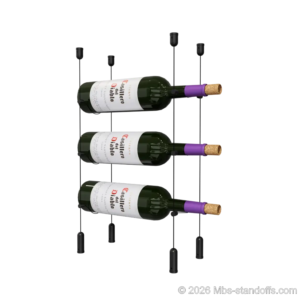 Cabernet - Saumur Collection Bottle Display Cable Kit, 3-Bottle Capacity, Floating Aluminum Cable System, Cable: 1/16″ Diameter, 13′-1″ Length with Matte Black Anodized Hanger