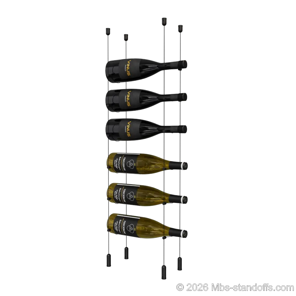 Cabernet - Saumur Collection Bottle Display Cable Kit, 6-Bottle Capacity, Floating Aluminum Cable System, Cable: 1/16″ Diameter, 13′-1″ Length with Matte Black Anodized Hanger