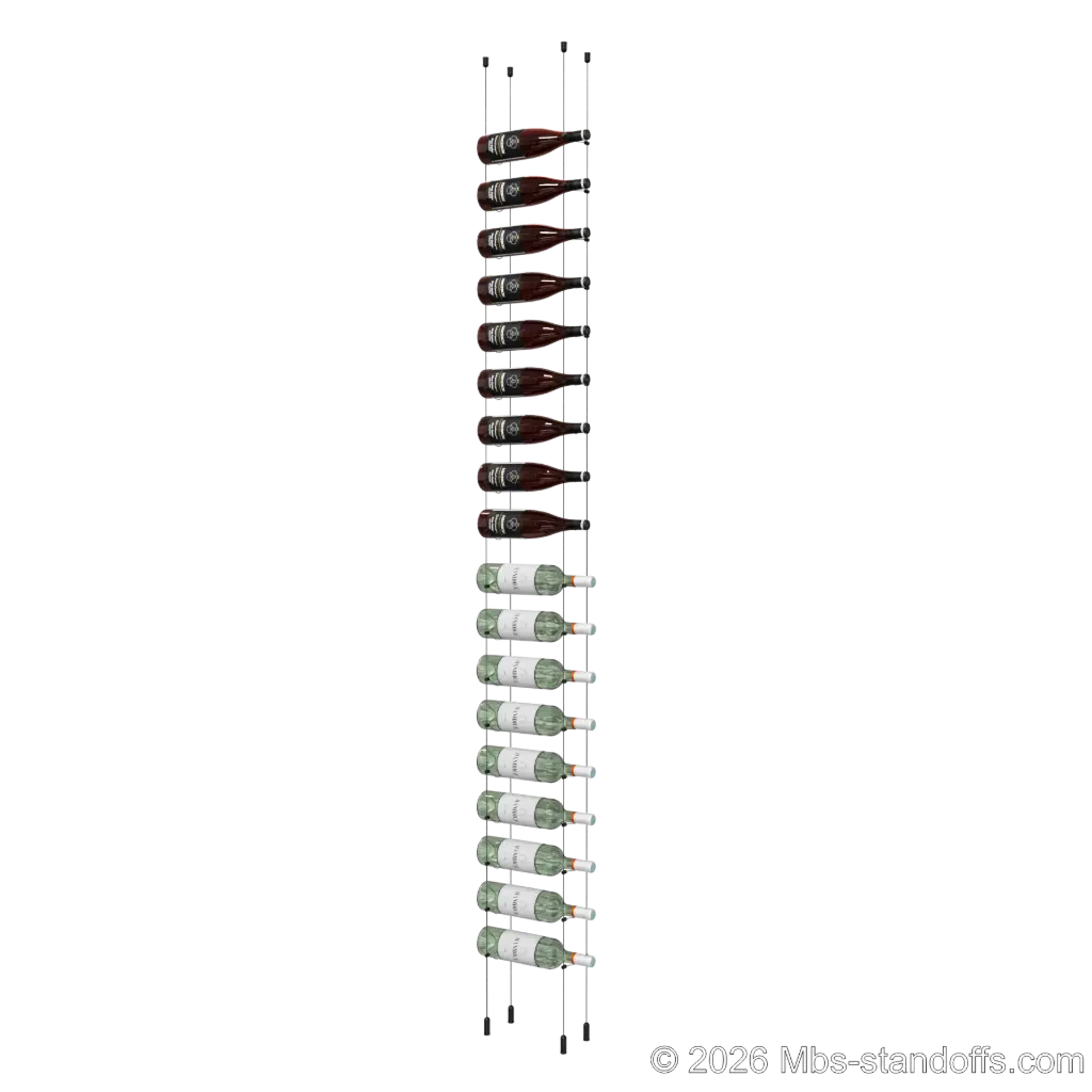 Cabernet - Saumur Collection Bottle Display Cable Kit, 18-Bottle Capacity, Floating Aluminum Cable System, Cable: 1/16″ Diameter, 13′-1″ Length with Matte Black Anodized Hanger