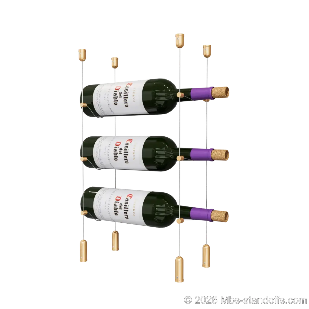 Cabernet - Saumur Collection Bottle Display Cable Kit, 3-Bottle Capacity, Floating Aluminum Cable System, Cable: 1/16″ Diameter, 13′-1″ Length with Champagne Anodized Hanger