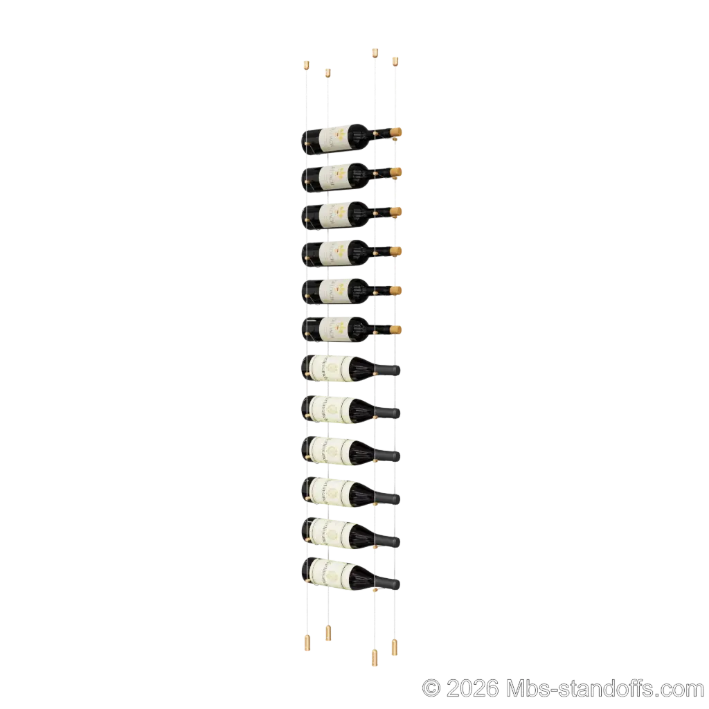 Cabernet - Saumur Collection Bottle Display Cable Kit, 12-Bottle Capacity, Floating Aluminum Cable System, Cable: 1/16″ Diameter, 13′-1″ Length with Champagne Anodized Hanger