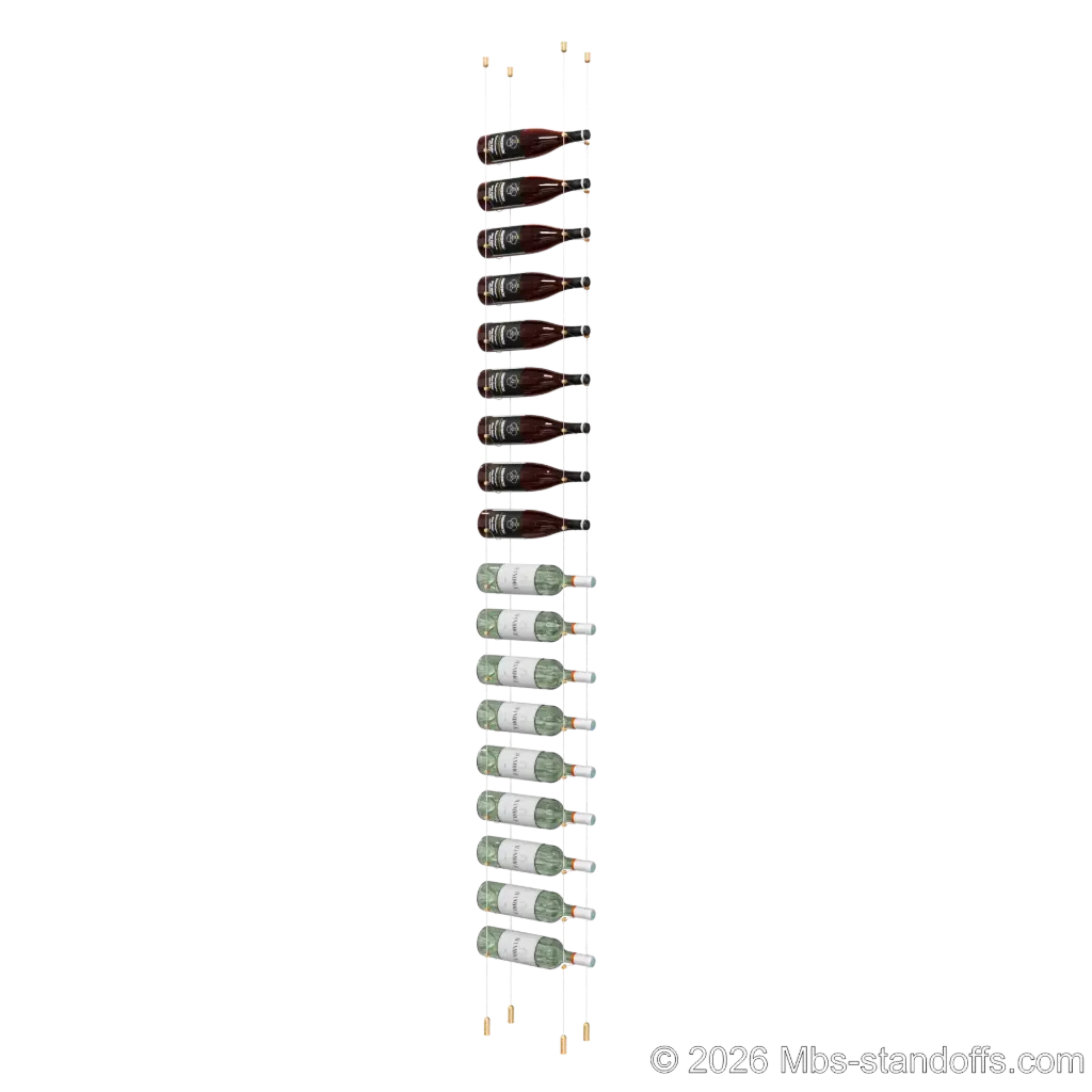 Cabernet - Saumur Collection Bottle Display Cable Kit, 18-Bottle Capacity, Floating Aluminum Cable System, Cable: 1/16″ Diameter, 13′-1″ Length with Champagne Anodized Hanger