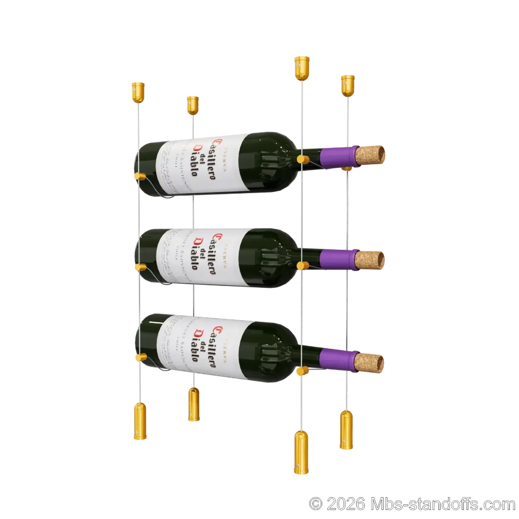 Cabernet - Saumur Collection Bottle Display Cable Kit, 3-Bottle Capacity, Floating Aluminum Cable System, Cable: 1/16″ Diameter, 13′-1″ Length with Gold Anodized Hanger