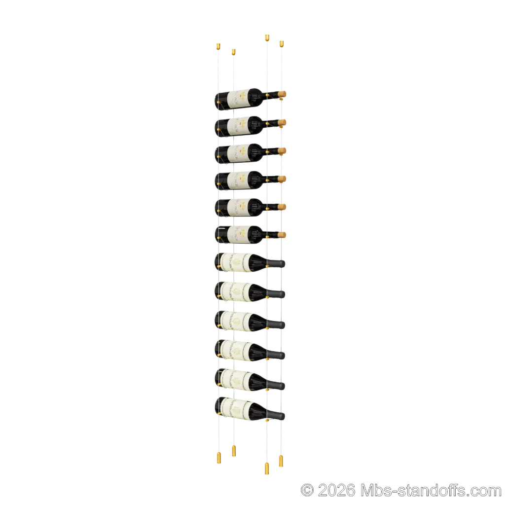 Cabernet - Saumur Collection Bottle Display Cable Kit, 12-Bottle Capacity, Floating Aluminum Cable System, Cable: 1/16″ Diameter, 13′-1″ Length with Gold Anodized Hanger
