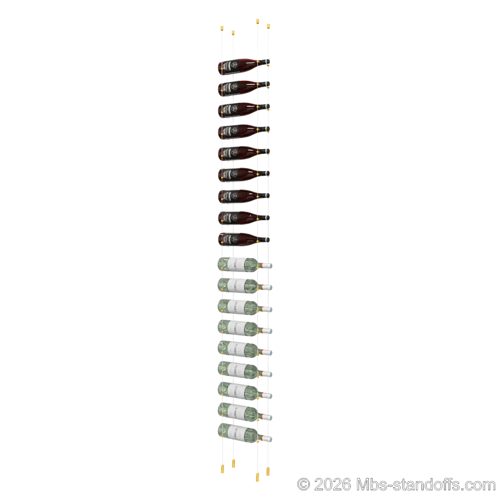Cabernet - Saumur Collection Bottle Display Cable Kit, 18-Bottle Capacity, Floating Aluminum Cable System, Cable: 1/16″ Diameter, 13′-1″ Length with Gold Anodized Hanger