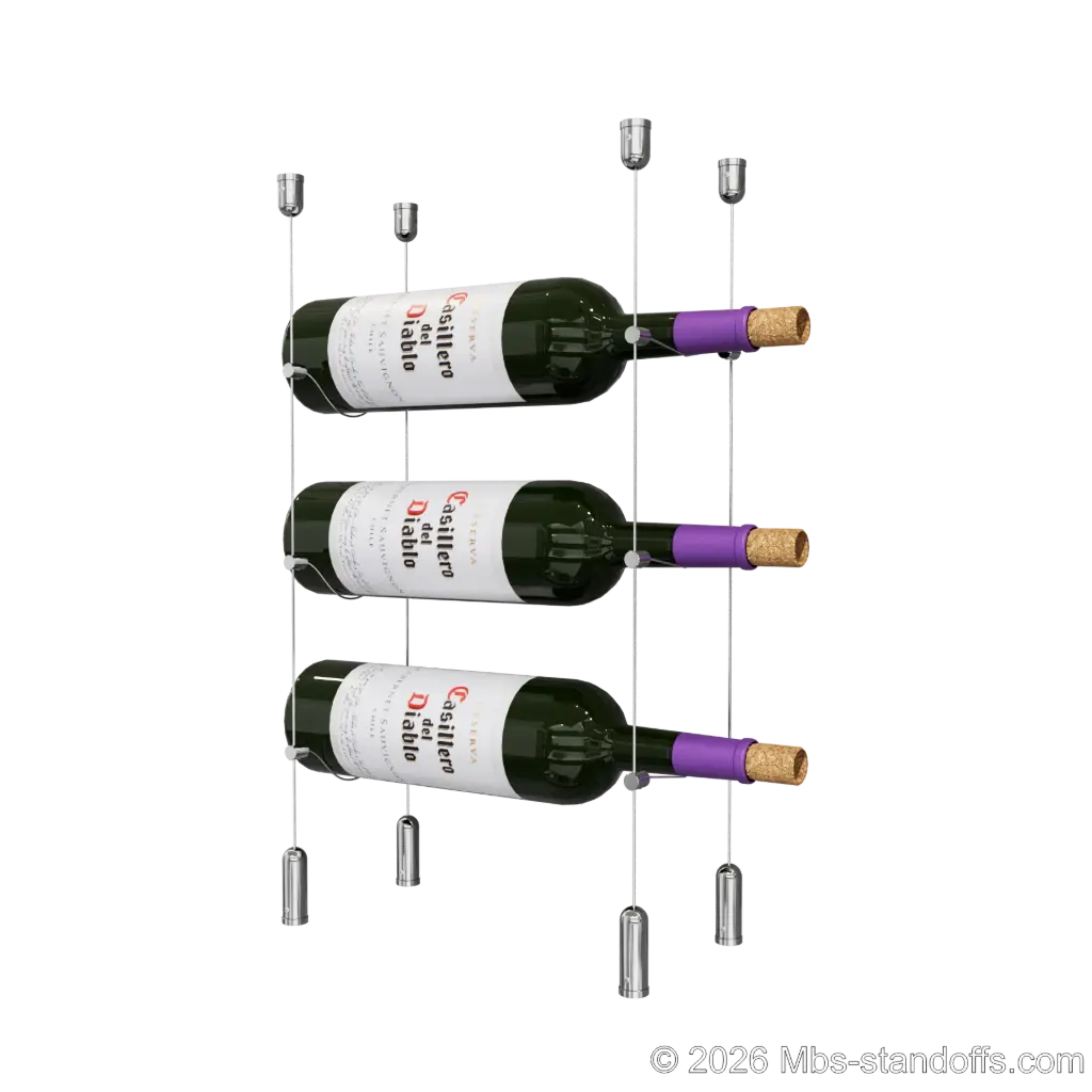 Cabernet - Saumur Collection Bottle Display Cable Kit, 3-Bottle Capacity, Floating Aluminum Cable System, Cable: 1/16″ Diameter, 13′-1″ Length with Chrome Mirror Hanger