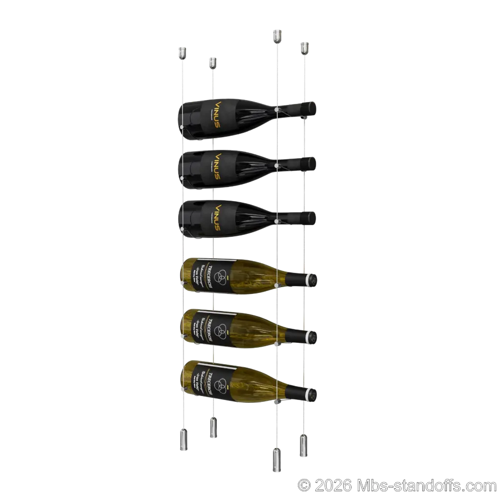 Cabernet - Saumur Collection Bottle Display Cable Kit, 6-Bottle Capacity, Floating Aluminum Cable System, Cable: 1/16″ Diameter, 13′-1″ Length with Chrome Mirror Hanger