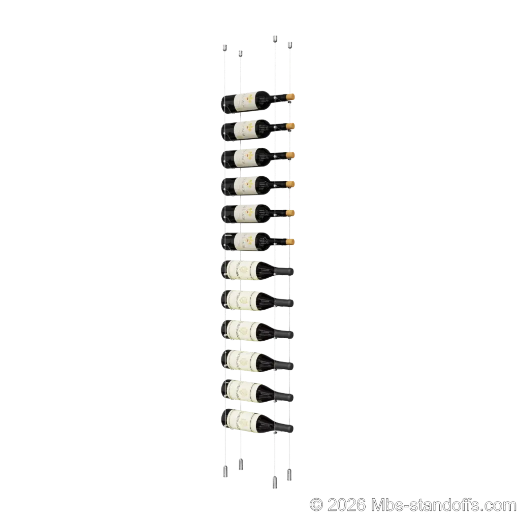 Cabernet - Saumur Collection Bottle Display Cable Kit, 12-Bottle Capacity, Floating Aluminum Cable System, Cable: 1/16″ Diameter, 13′-1″ Length with Chrome Mirror Hanger