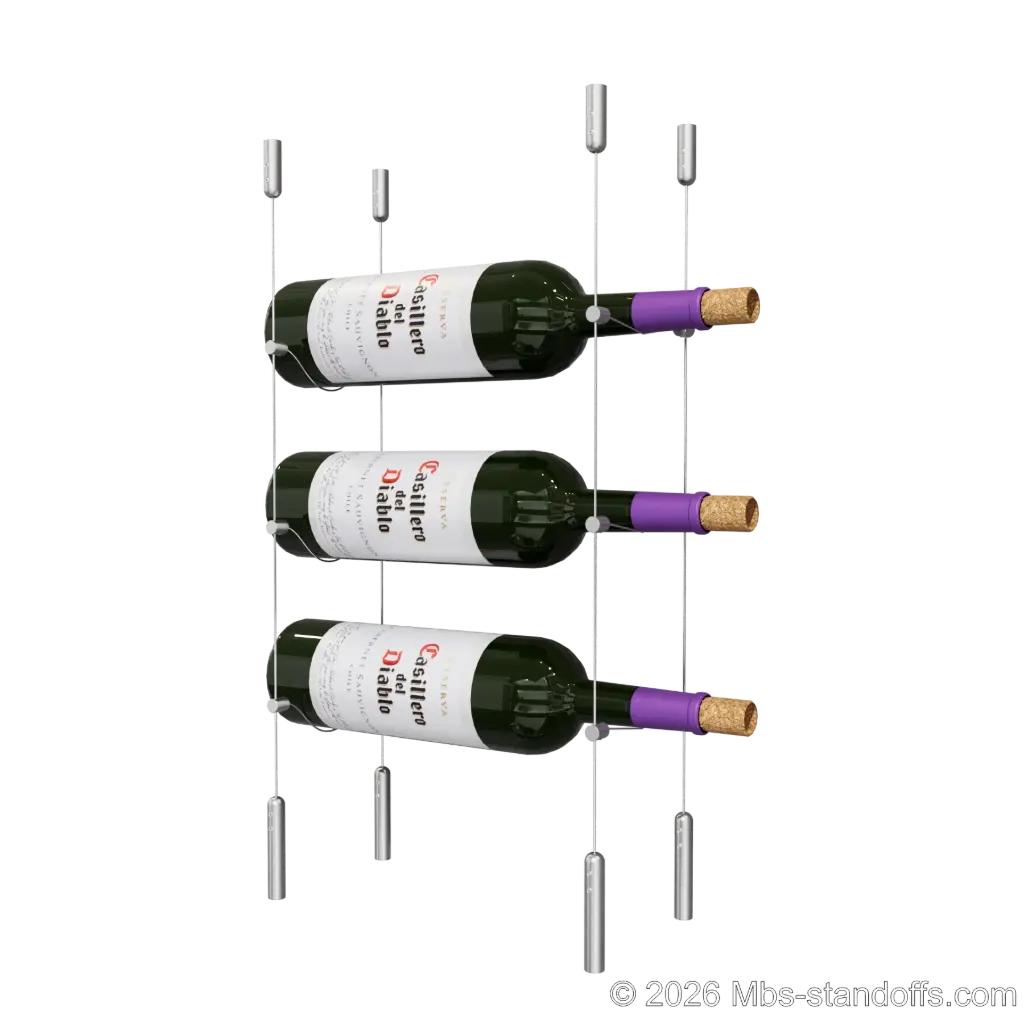 Cabernet - Saumur Collection Bottle Display Cable Kit, 3-Bottle Capacity, Floating Stainless Steel Cable System, Cable: 1/16″ Diameter, 13′-1″ Length with Satin Brushed Hanger