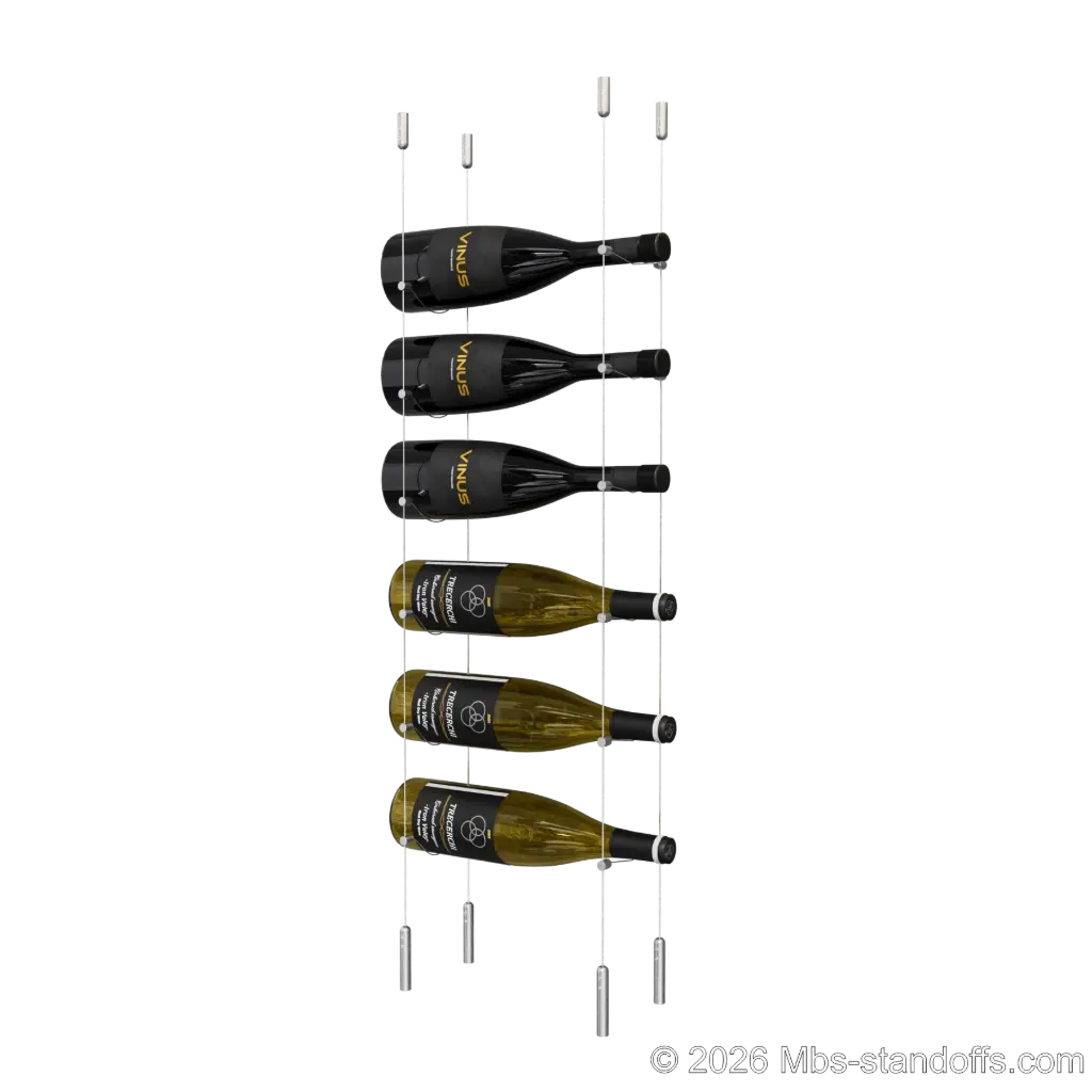 Cabernet - Saumur Collection Bottle Display Cable Kit, 6-Bottle Capacity, Floating Stainless Steel Cable System, Cable: 1/16″ Diameter, 13′-1″ Length with Satin Brushed Hanger