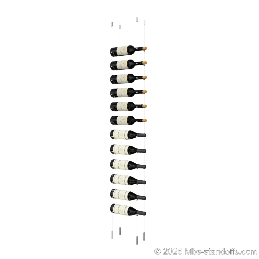 Cabernet - Saumur Collection Bottle Display Cable Kit, 12-Bottle Capacity, Floating Stainless Steel Cable System, Cable: 1/16″ Diameter, 13′-1″ Length with Satin Brushed Hanger