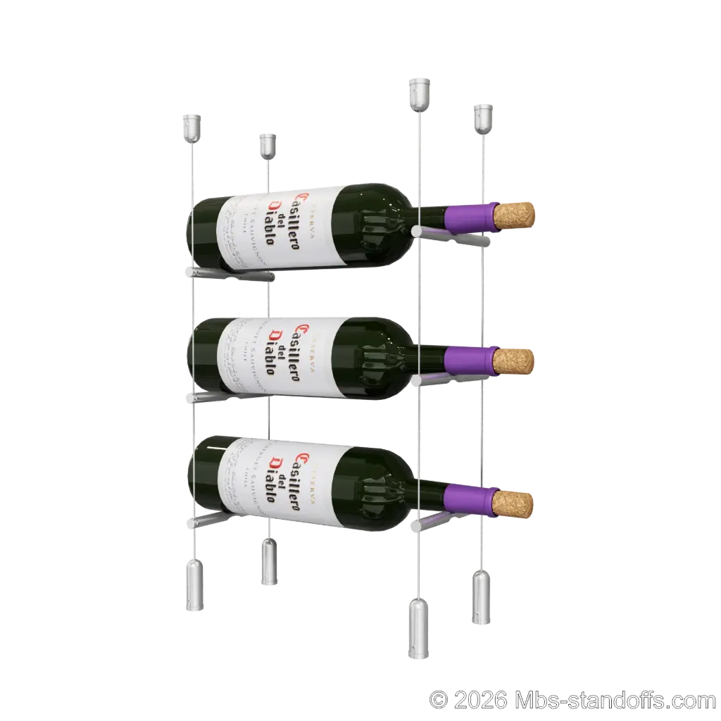 Merlot - Napa Collection Bottle Display Peg Kit, 3-Bottle Capacity, Floating Cable System, Pegs: 1/2″ × 6" with Clear Anodized Finish