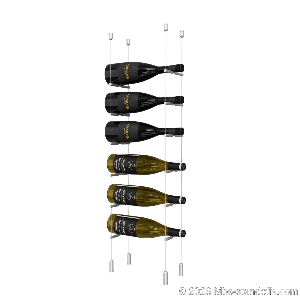 Merlot - Napa Collection Bottle Display Peg Kit, 6-Bottle Capacity, Floating Cable System, Pegs: 1/2″ × 6" with Clear Anodized Finish