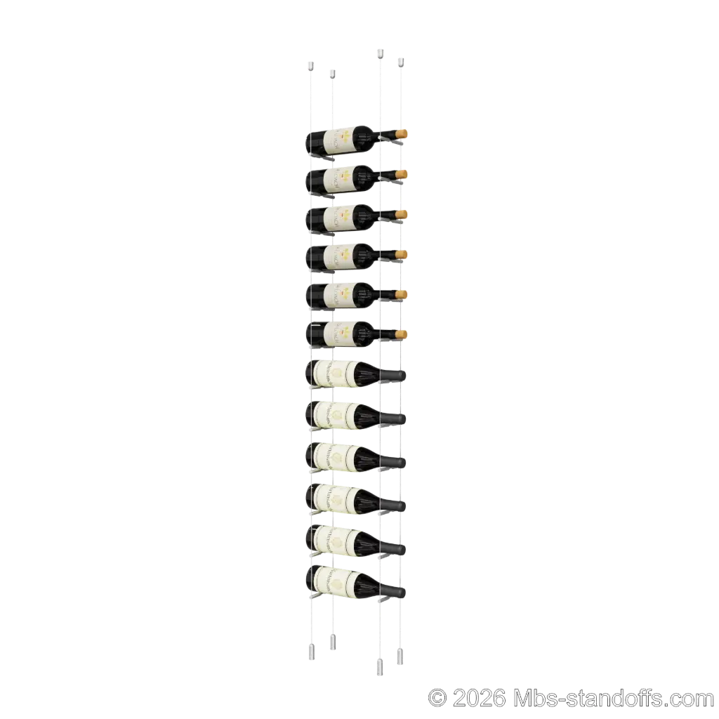 Merlot - Napa Collection Bottle Display Peg Kit, 12-Bottle Capacity, Floating Cable System, Pegs: 1/2″ × 6" with Clear Anodized Finish