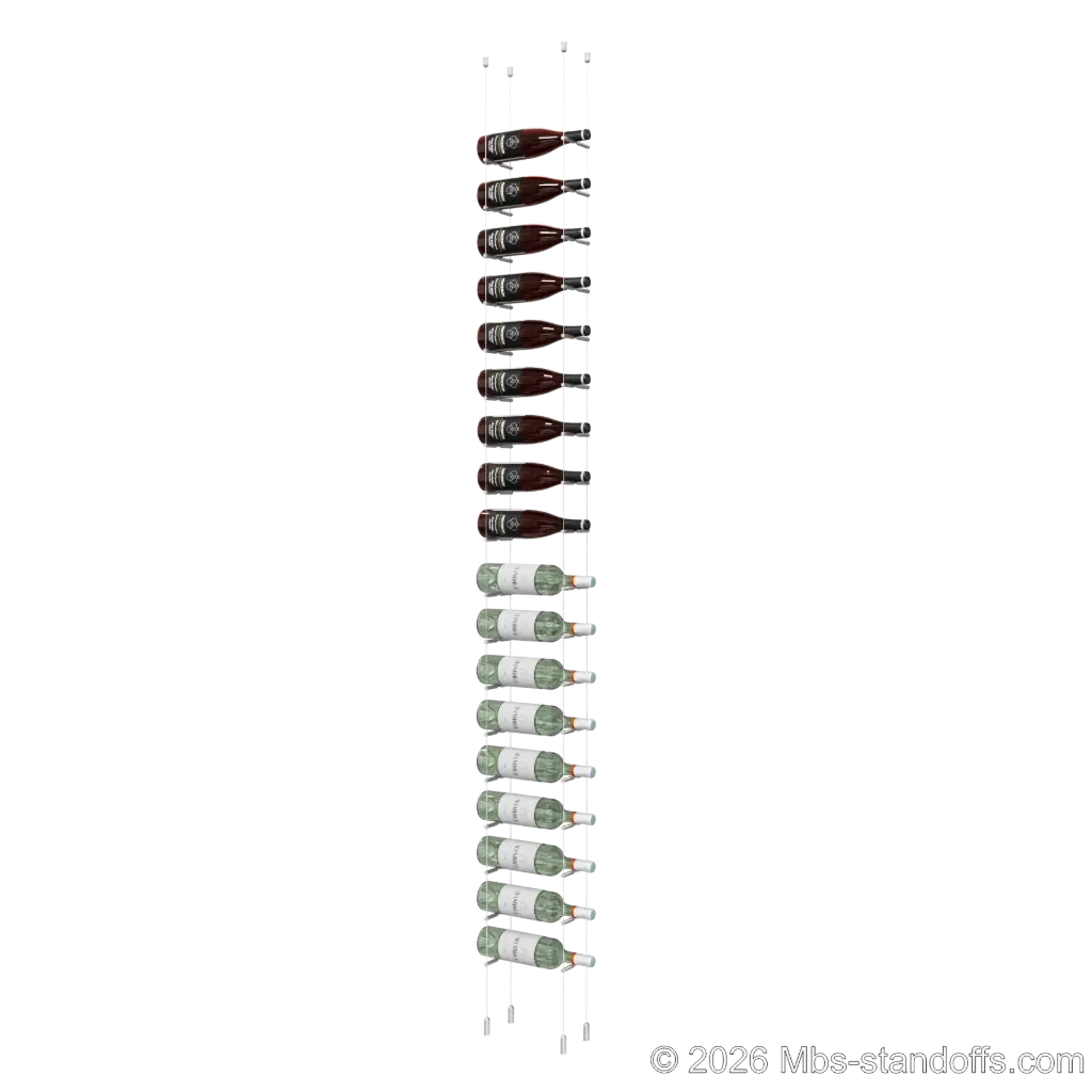 Merlot - Napa Collection Bottle Display Peg Kit, 18-Bottle Capacity, Floating Cable System, Pegs: 1/2″ × 6" with Clear Anodized Finish