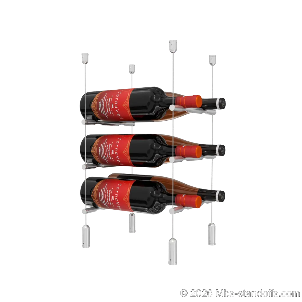 Merlot - Napa Collection Bottle Display Peg Kit, 6-Bottle (2x3) Capacity, Floating Cable System, Pegs: 1/2″ × 7-1/2" with Clear Anodized Finish