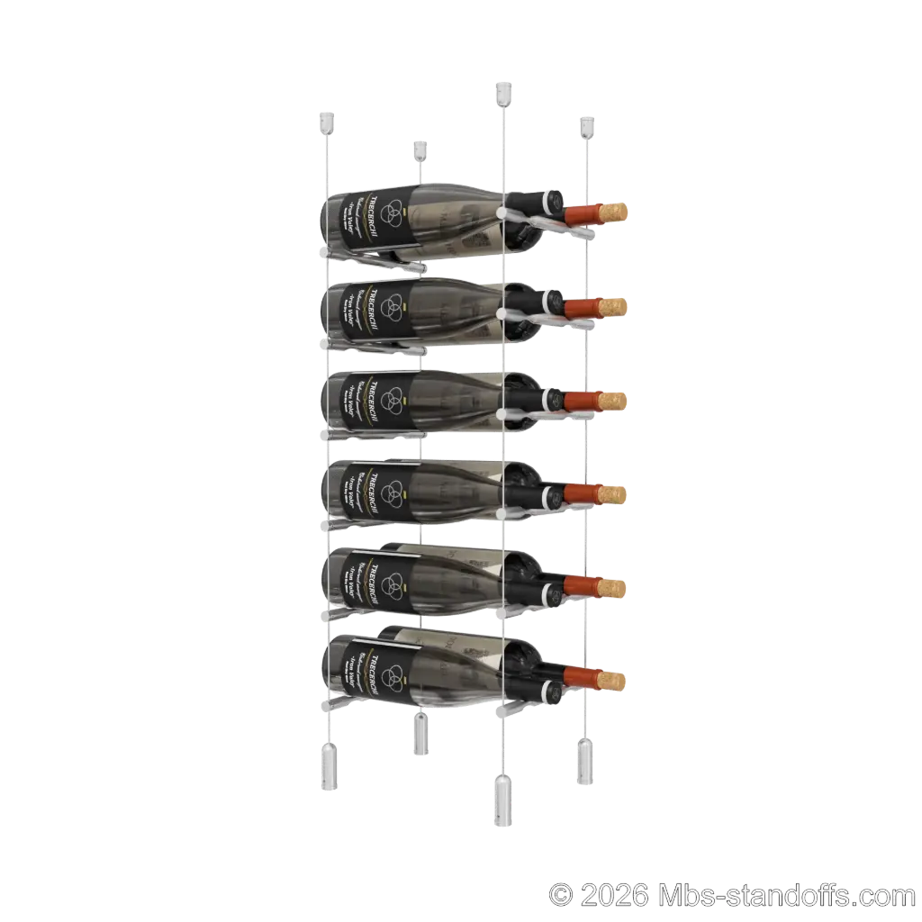Merlot - Napa Collection Bottle Display Peg Kit, 12-Bottle (2x6) Capacity, Floating Cable System, Pegs: 1/2″ × 7-1/2" with Clear Anodized Finish