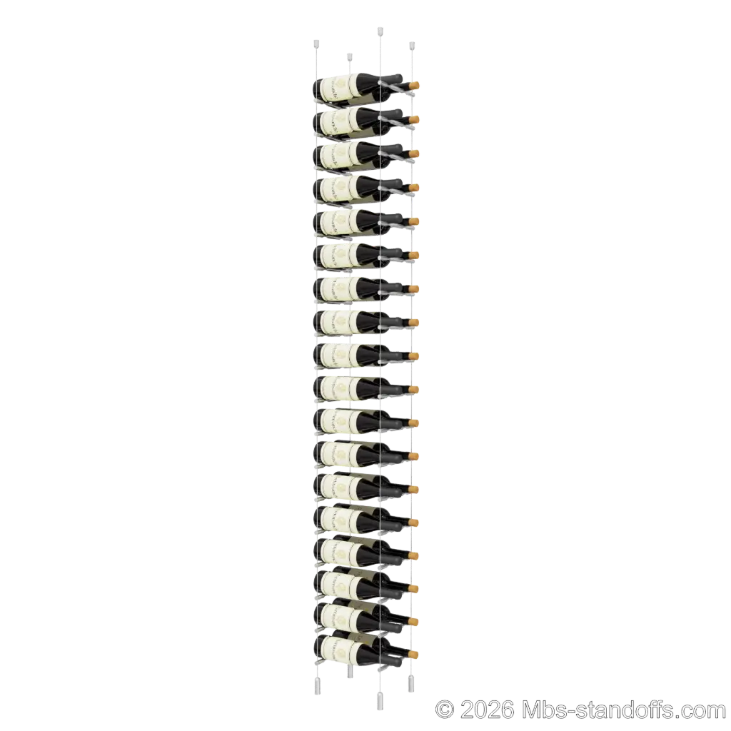 Merlot - Napa Collection Bottle Display Peg Kit, 36-Bottle (2x18) Capacity, Floating Cable System, Pegs: 1/2″ × 7-1/2" with Clear Anodized Finish