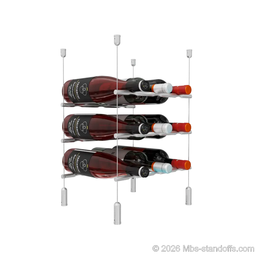 Merlot - Napa Collection Bottle Display Peg Kit, 9-Bottle (3x3) Capacity, Floating Cable System, Pegs: 1/2″ × 11-1/2" with Clear Anodized Finish