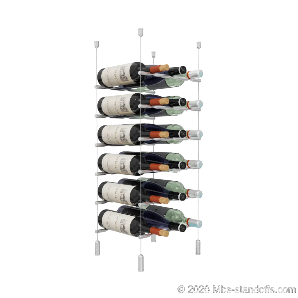 Merlot - Napa Collection Bottle Display Peg Kit, 18-Bottle (3x6) Capacity, Floating Cable System, Pegs: 1/2″ × 11-1/2" with Clear Anodized Finish