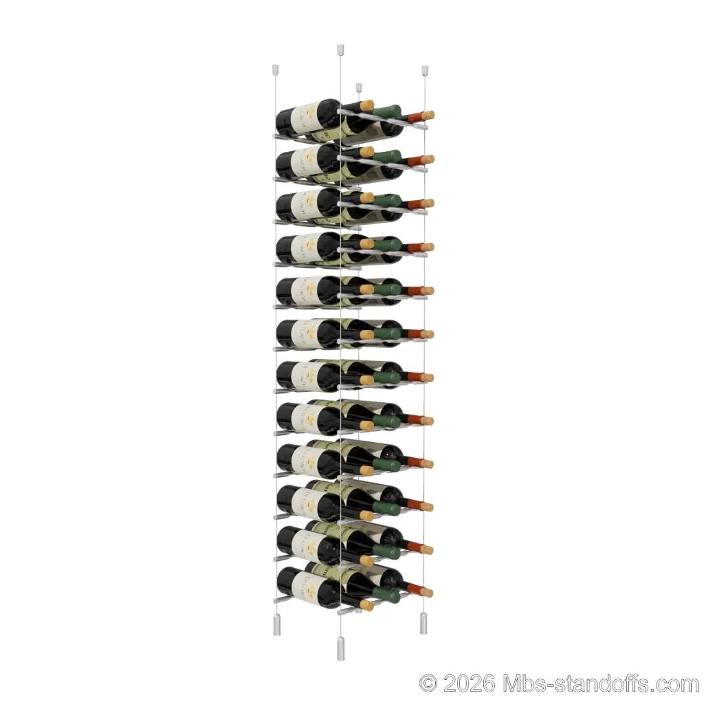 Merlot - Napa Collection Bottle Display Peg Kit, 36-Bottle (3x12) Capacity, Floating Cable System, Pegs: 1/2″ × 11-1/2" with Clear Anodized Finish