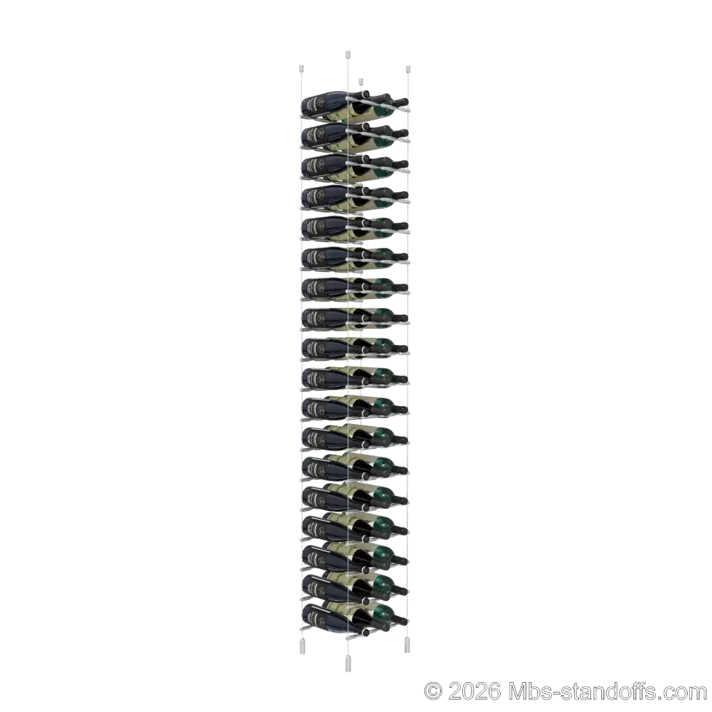 Merlot - Napa Collection Bottle Display Peg Kit, 54-Bottle (3x18) Capacity, Floating Cable System, Pegs: 1/2″ × 11-1/2" with Clear Anodized Finish