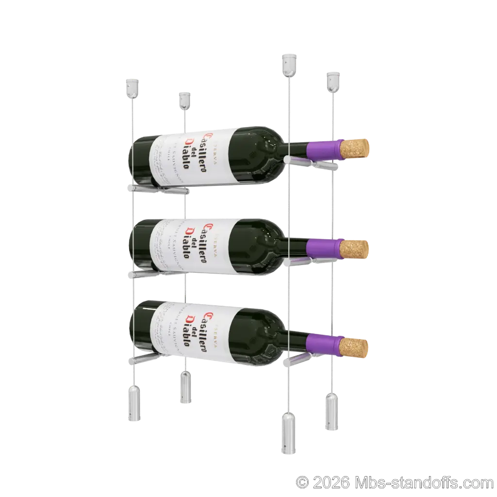 Merlot - Napa Collection Bottle Display Peg Kit With "O" Ring, 3-Bottle Capacity, Floating Cable System, Pegs: 1/2″ × 6" with Clear Anodized Finish