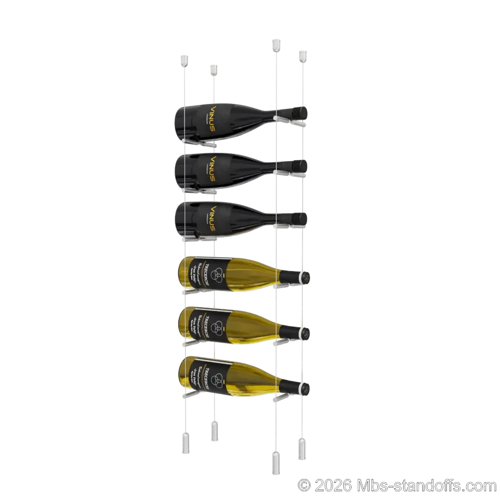 Merlot - Napa Collection Bottle Display Peg Kit With "O" Ring, 6-Bottle Capacity, Floating Cable System, Pegs: 1/2″ × 6" with Clear Anodized Finish