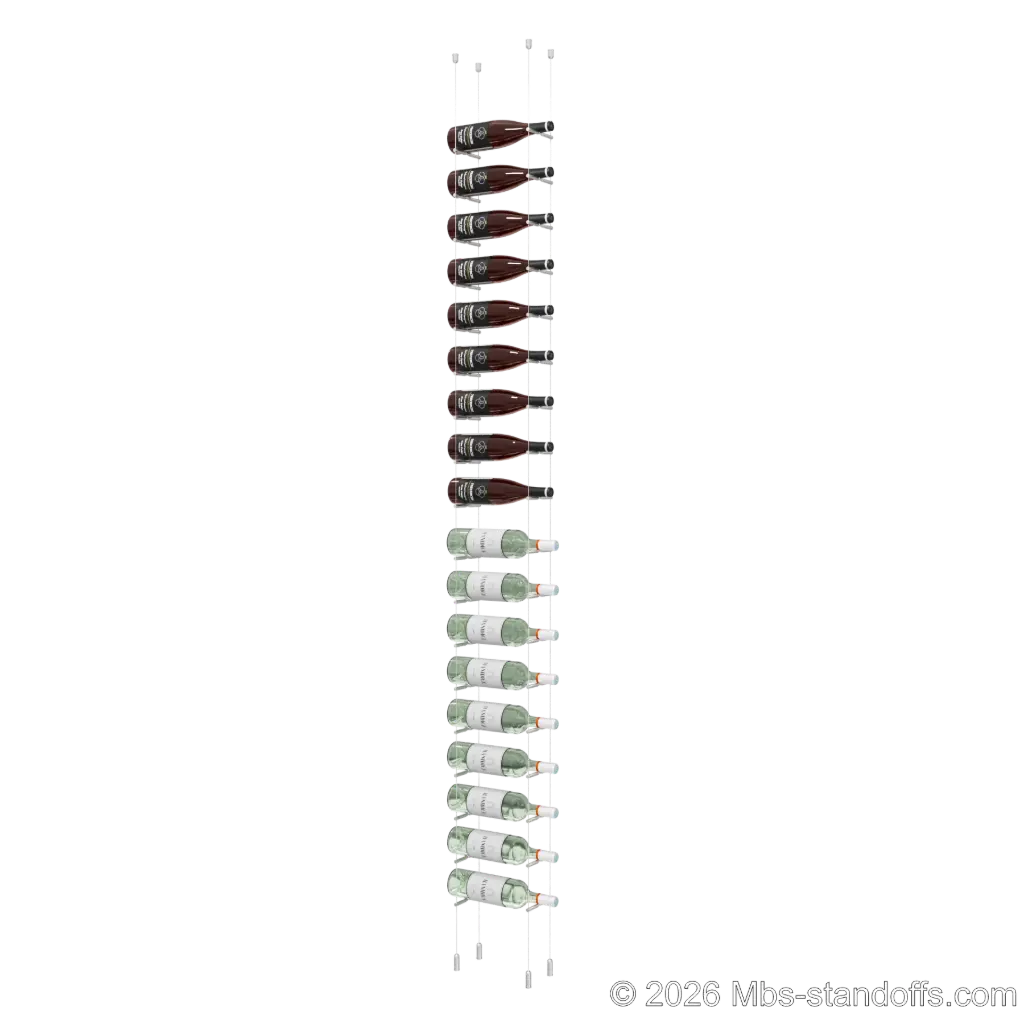 Merlot - Napa Collection Bottle Display Peg Kit With "O" Ring, 18-Bottle Capacity, Floating Cable System, Pegs: 1/2″ × 6" with Clear Anodized Finish
