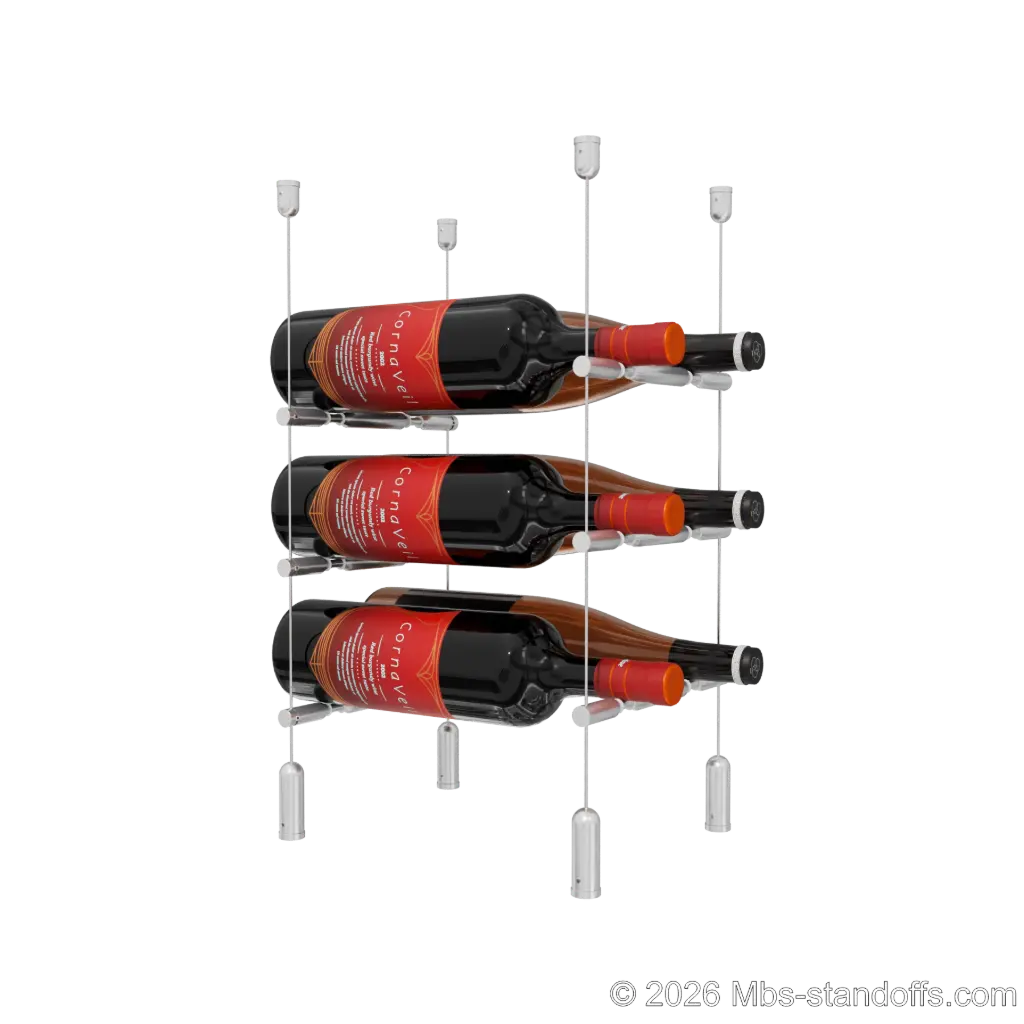 Merlot - Napa Collection Bottle Display Peg Kit With "O" Ring, 6-Bottle (2x3) Capacity, Floating Cable System, Pegs: 1/2″ × 7-1/2" with Clear Anodized Finish