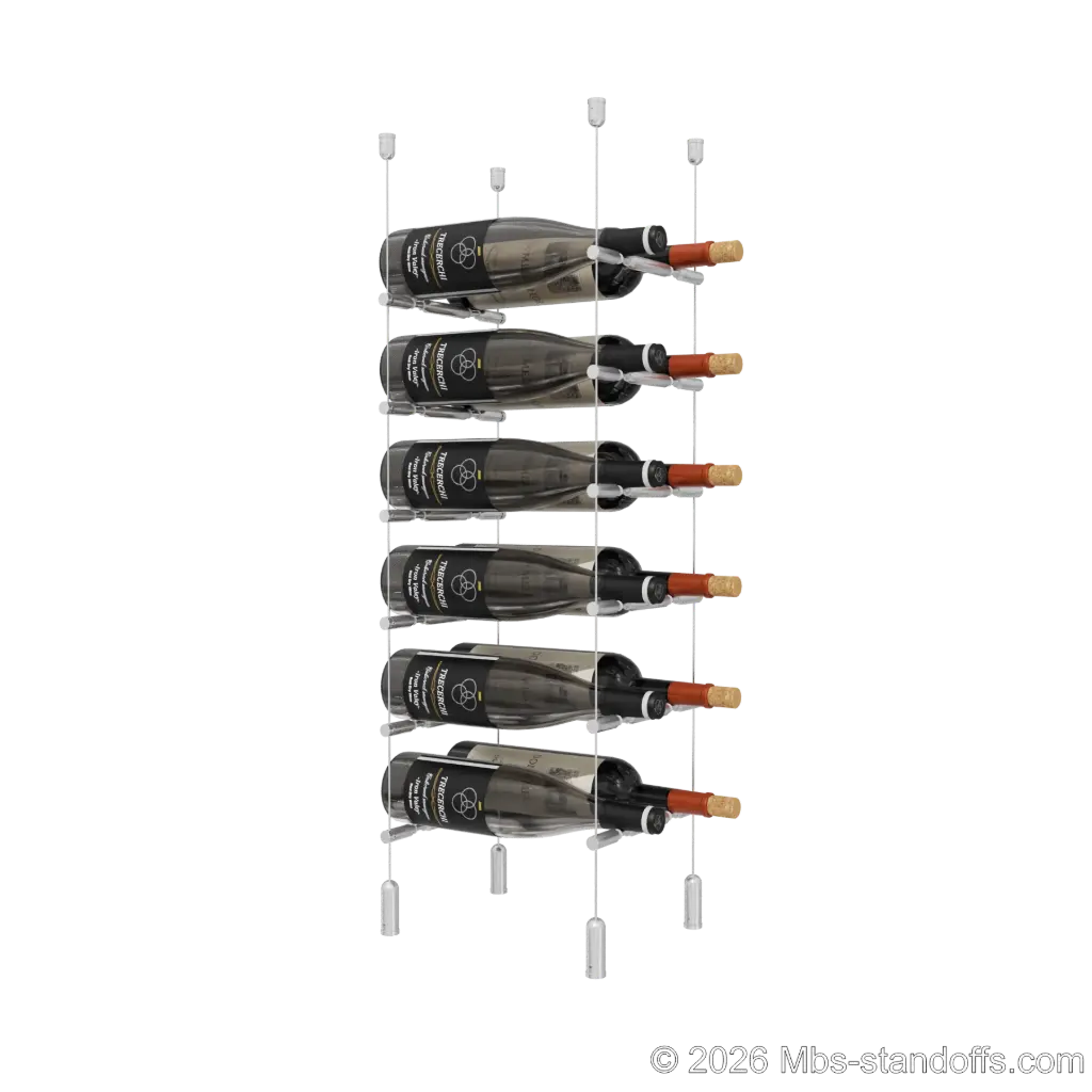 Merlot - Napa Collection Bottle Display Peg Kit With "O" Ring, 12-Bottle (2x6) Capacity, Floating Cable System, Pegs: 1/2″ × 7-1/2" with Clear Anodized Finish