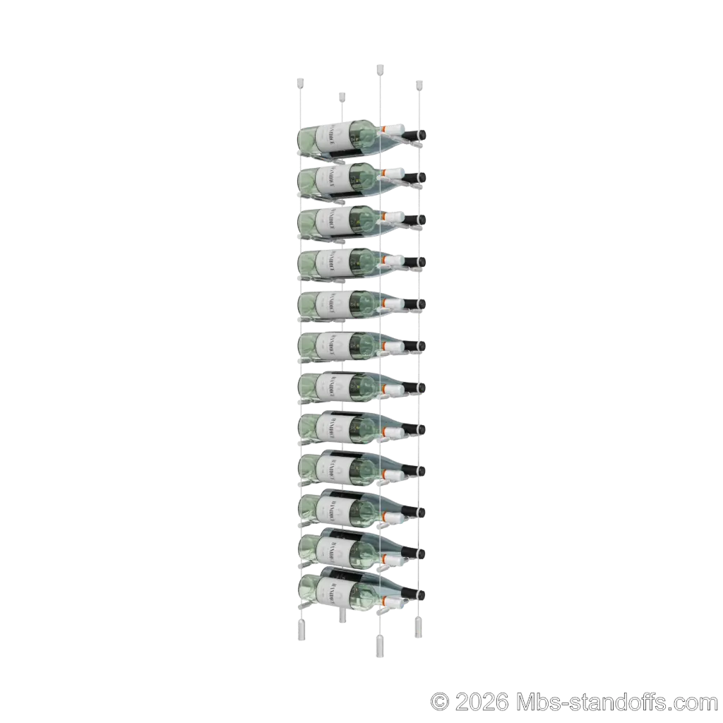 Merlot - Napa Collection Bottle Display Peg Kit With "O" Ring, 24-Bottle (2x12) Capacity, Floating Cable System, Pegs: 1/2″ × 7-1/2" with Clear Anodized Finish