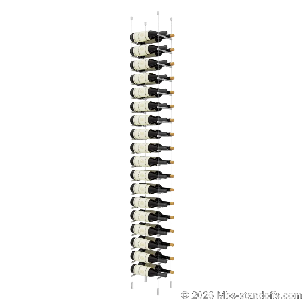 Merlot - Napa Collection Bottle Display Peg Kit With "O" Ring, 36-Bottle (2x18) Capacity, Floating Cable System, Pegs: 1/2″ × 7-1/2" with Clear Anodized Finish