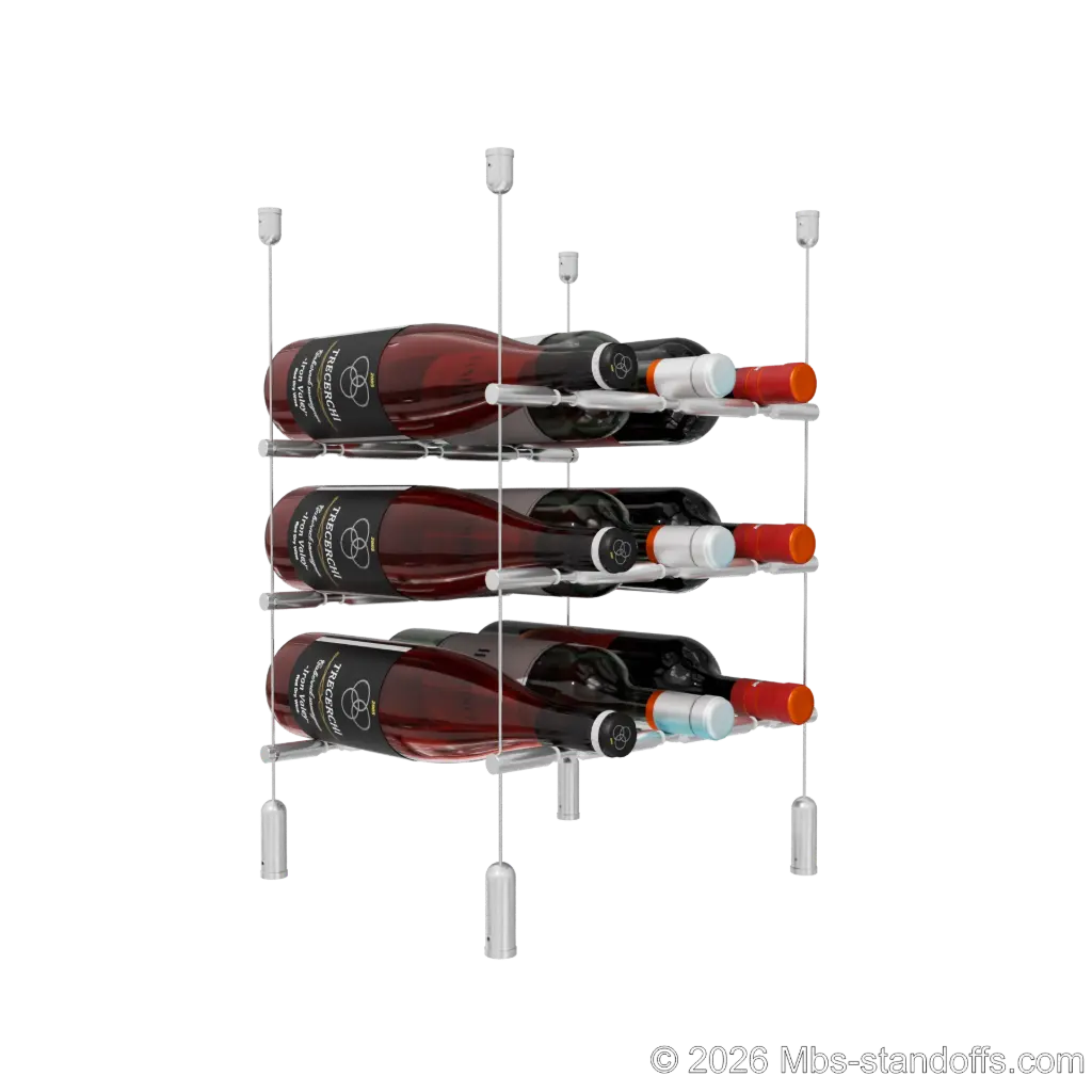 Merlot - Napa Collection Bottle Display Peg Kit With "O" Ring, 9-Bottle (3x3) Capacity, Floating Cable System, Pegs: 1/2″ × 11-1/2" with Clear Anodized Finish