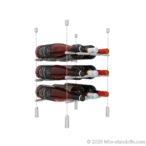 [ACG1904-PCWR3050A-K3] Merlot - Napa Collection Bottle Display Peg Kit With "O" Ring, 9-Bottle (3x3) Capacity, Floating Cable System, Pegs: 1/2″ × 11-1/2" with Clear Anodized Finish