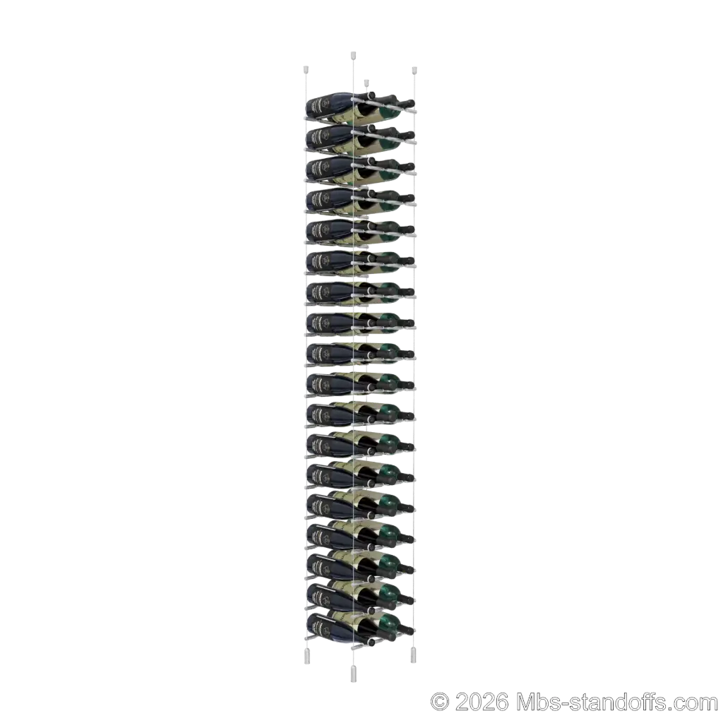 Merlot - Napa Collection Bottle Display Peg Kit With "O" Ring, 54-Bottle (3x18) Capacity, Floating Cable System, Pegs: 1/2″ × 11-1/2" with Clear Anodized Finish