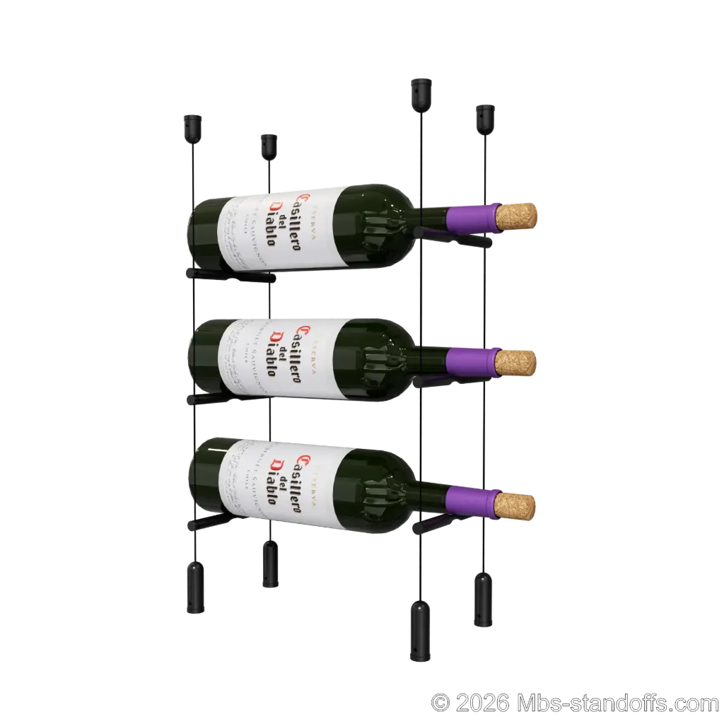 Merlot - Napa Collection Bottle Display Peg Kit, 3-Bottle Capacity, Floating Cable System, Pegs: 1/2″ × 6" with Matte Black Anodized Finish