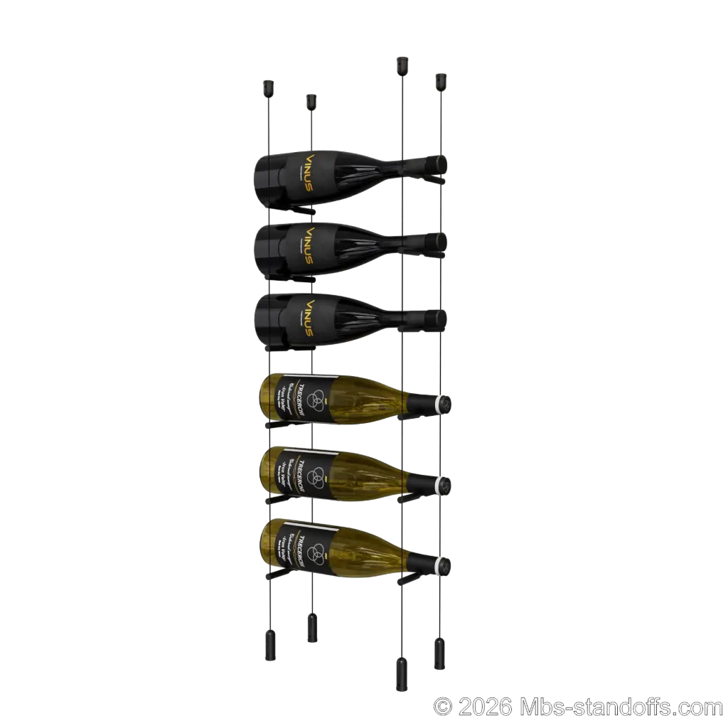 Merlot - Napa Collection Bottle Display Peg Kit, 6-Bottle Capacity, Floating Cable System, Pegs: 1/2″ × 6" with Matte Black Anodized Finish