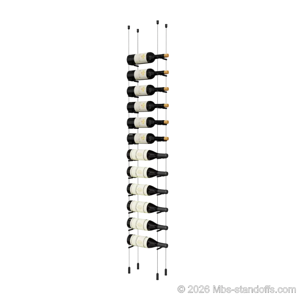 Merlot - Napa Collection Bottle Display Peg Kit, 12-Bottle Capacity, Floating Cable System, Pegs: 1/2″ × 6" with Matte Black Anodized Finish