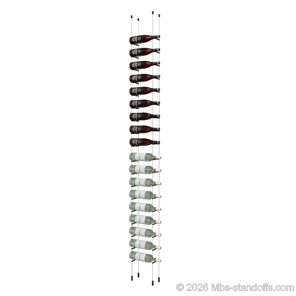 Merlot - Napa Collection Bottle Display Peg Kit, 18-Bottle Capacity, Floating Cable System, Pegs: 1/2″ × 6" with Matte Black Anodized Finish