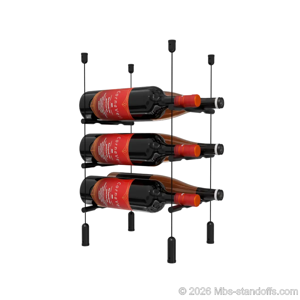 Merlot - Napa Collection Bottle Display Peg Kit, 6-Bottle (2x3) Capacity, Floating Cable System, Pegs: 1/2″ × 7-1/2" with Matte Black Anodized Finish