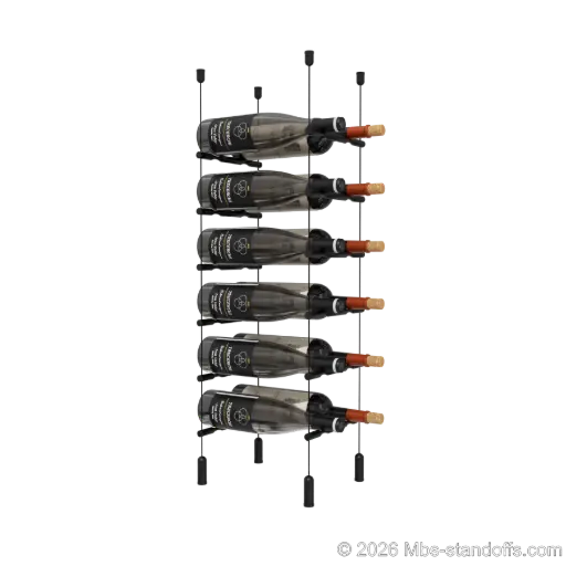 [ACG1904MB-PCW2050MB-K6] Merlot - Napa Collection Bottle Display Peg Kit, 12-Bottle (2x6) Capacity, Floating Cable System, Pegs: 1/2″ × 7-1/2" with Matte Black Anodized Finish