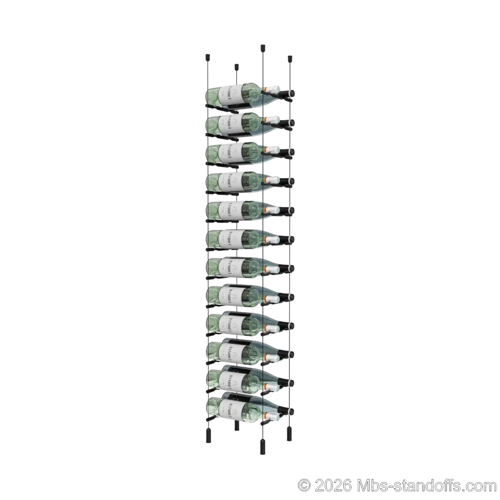 Merlot - Napa Collection Bottle Display Peg Kit, 24-Bottle (2x12) Capacity, Floating Cable System, Pegs: 1/2″ × 7-1/2" with Matte Black Anodized Finish