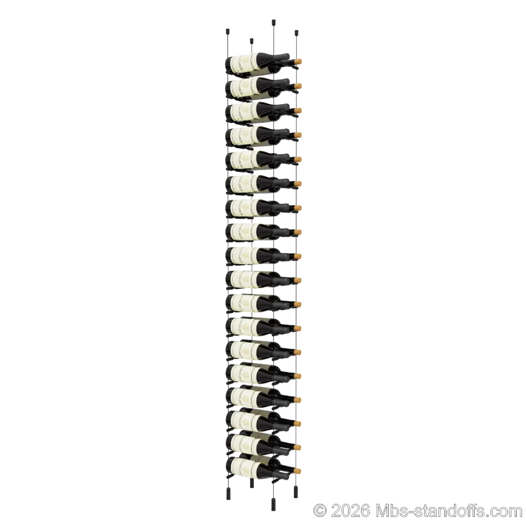 Merlot - Napa Collection Bottle Display Peg Kit, 36-Bottle (2x18) Capacity, Floating Cable System, Pegs: 1/2″ × 7-1/2" with Matte Black Anodized Finish