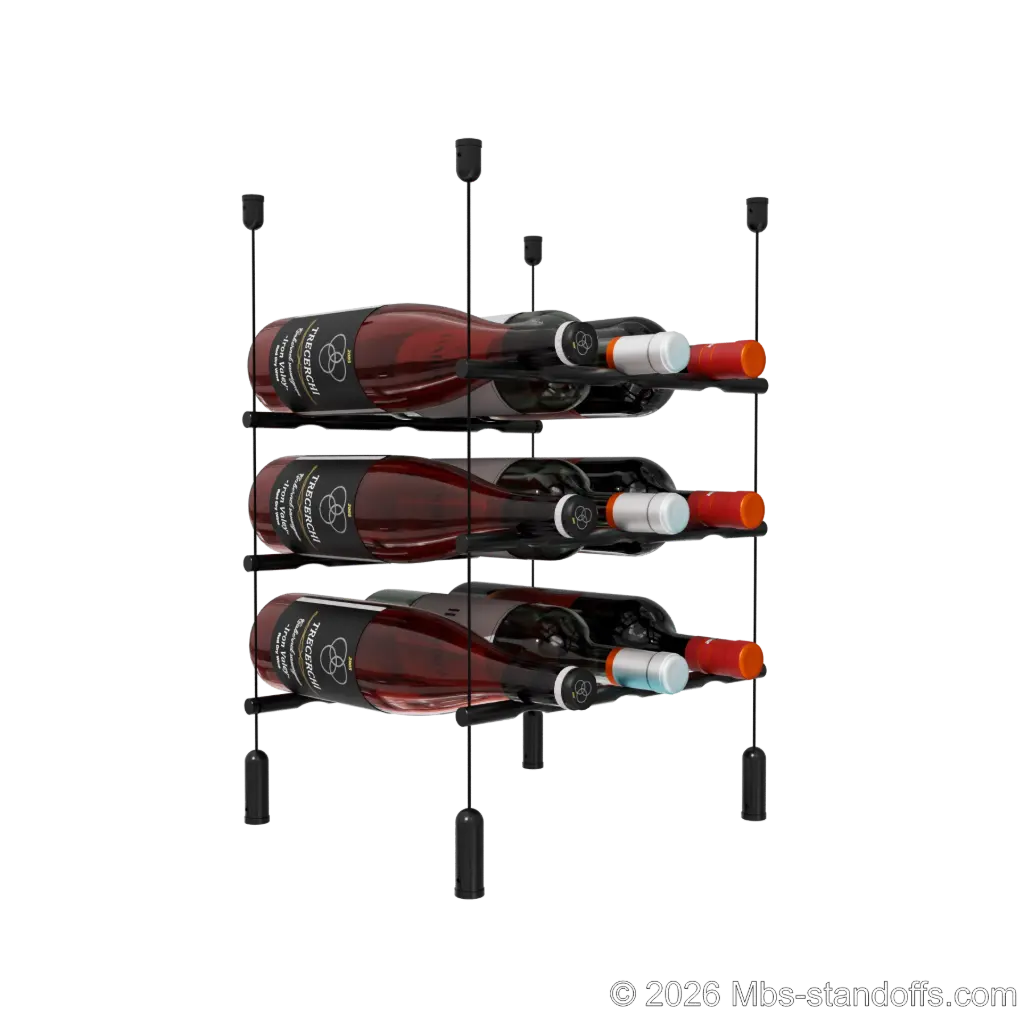 Merlot - Napa Collection Bottle Display Peg Kit, 9-Bottle (3x3) Capacity, Floating Cable System, Pegs: 1/2″ × 11-1/2" with Matte Black Anodized Finish