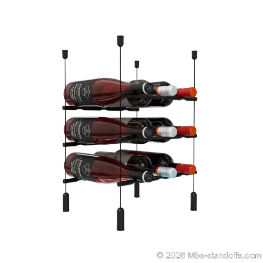 [ACG1904MB-PCW3050MB-K3] Merlot - Napa Collection Bottle Display Peg Kit, 9-Bottle (3x3) Capacity, Floating Cable System, Pegs: 1/2″ × 11-1/2" with Matte Black Anodized Finish