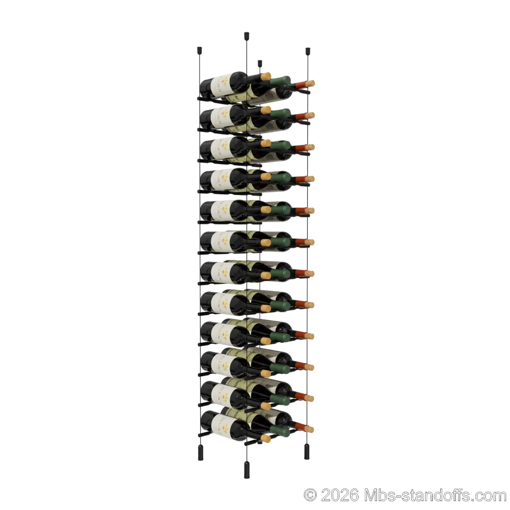 Merlot - Napa Collection Bottle Display Peg Kit, 36-Bottle (3x12) Capacity, Floating Cable System, Pegs: 1/2″ × 11-1/2" with Matte Black Anodized Finish